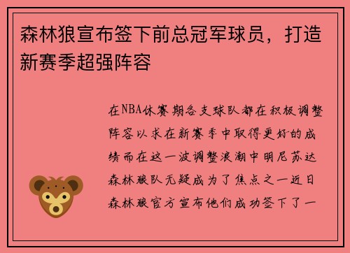 森林狼宣布签下前总冠军球员，打造新赛季超强阵容