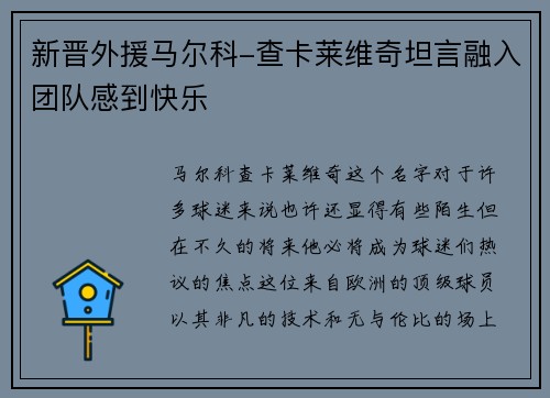 新晋外援马尔科-查卡莱维奇坦言融入团队感到快乐